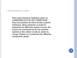I. Présentation du projet
Notre sujet d'étude et réalisation porte sur
COMMANDE DU FEU DE CARREFOUR.
Nous les étudiants de 2eme années système
embarqué, allons présenter ce projet en
expliquant les différentes étapes à suivre afin
d’avoir une commande de feu de carrefour
destinée à être utiliser à l’aide du cahier du
charge .Dedans on va présenter les différents
composants utilisés.
3
 