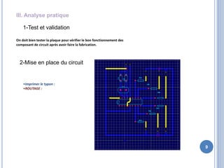 9
III. Analyse pratique
On doit bien tester la plaque pour vérifier le bon fonctionnement des
composant de circuit après avoir faire la fabrication.
1-Test et validation
2-Mise en place du circuit
•Imprimer le typon :
•ROUTAGE :
 