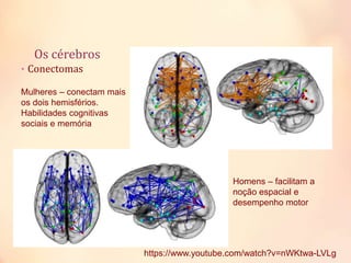 Os cérebros
• Conectomas
Homens – facilitam a
noção espacial e
desempenho motor
Mulheres – conectam mais
os dois hemisférios.
Habilidades cognitivas
sociais e memória
https://www.youtube.com/watch?v=nWKtwa-LVLg
 