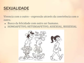 Vivencia com o outro – expressão através da convivência com o
outro.
 Busca da felicidade com outro ser humano.
 HOMOAFETIVO, HETEROAFETIVO, ASSEXUAL, BISSEXUAL
 