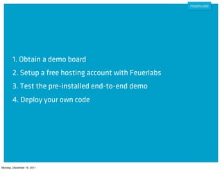 1. Obtain a demo board
        2. Setup a free hosting account with Feuerlabs
        3. Test the pre-installed end-to-end demo
        4. Deploy your own code




Monday, December 19, 2011
 