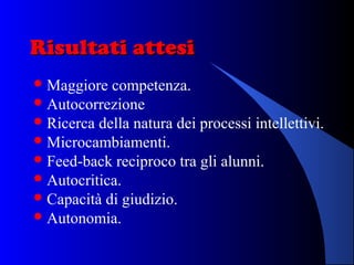 Risultati attesiRisultati attesi
Maggiore competenza.
Autocorrezione
Ricerca della natura dei processi intellettivi.
Microcambiamenti.
Feed-back reciproco tra gli alunni.
Autocritica.
Capacità di giudizio.
Autonomia.
 