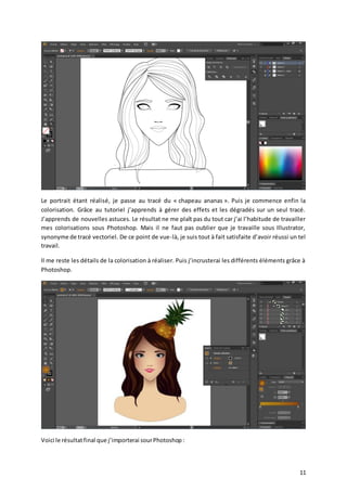 Le portrait étant réalisé, je passe au tracé du « chapeau ananas ». Puis je commence enfin la
colorisation. Grâce au tutoriel j’apprends à gérer des effets et les dégradés sur un seul tracé.
J’apprends de nouvelles astuces. Le résultat ne me plaît pas du tout car j’ai l’habitude de travailler
mes colorisations sous Photoshop. Mais il ne faut pas oublier que je travaille sous Illustrator,
synonyme de tracé vectoriel. De ce point de vue-là, je suis tout à fait satisfaite d’avoir réussi un tel
travail.
Il me reste les détails de la colorisation à réaliser. Puis j’incrusterai les différents éléments grâce à
Photoshop.

Voici le résultat final que j’importerai sour Photoshop :

11

 