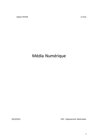 Sophie ROYER

L3 SLIC

Média Numérique

2013/2014

UFR – Département Multimédia

1

 