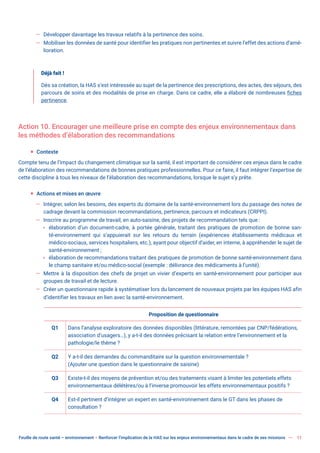 Feuille de route santé – environnement  Renforcer l’implication de la HAS sur les enjeux environnementaux dans le cadre de ses missions 11
— Développer davantage les travaux relatifs à la pertinence des soins.
— Mobiliser les données de santé pour identifier les pratiques non pertinentes et suivre l’effet des actions d’amé-
lioration.
Déjà fait !
Dès sa création, la HAS s’est intéressée au sujet de la pertinence des prescriptions, des actes, des séjours, des
parcours de soins et des modalités de prise en charge. Dans ce cadre, elle a élaboré de nombreuses fiches
pertinence.
Action 10. Encourager une meilleure prise en compte des enjeux environnementaux dans
les méthodes d’élaboration des recommandations
ƒ Contexte
Compte tenu de l’impact du changement climatique sur la santé, il est important de considérer ces enjeux dans le cadre
de l’élaboration des recommandations de bonnes pratiques professionnelles. Pour ce faire, il faut intégrer l’expertise de
cette discipline à tous les niveaux de l’élaboration des recommandations, lorsque le sujet s’y prête.
ƒ Actions et mises en œuvre
— Intégrer, selon les besoins, des experts du domaine de la santé-environnement lors du passage des notes de
cadrage devant la commission recommandations, pertinence, parcours et indicateurs (CRPPI).
— Inscrire au programme de travail, en auto-saisine, des projets de recommandation tels que :
x élaboration d’un document-cadre, à portée générale, traitant des pratiques de promotion de bonne san-
té-environnement qui s’appuierait sur les retours du terrain (expériences établissements médicaux et
médico-sociaux, services hospitaliers, etc.), ayant pour objectif d’aider, en interne, à appréhender le sujet de
santé-environnement ;
x élaboration de recommandations traitant des pratiques de promotion de bonne santé-environnement dans
le champ sanitaire et/ou médico-social (exemple : délivrance des médicaments à l’unité).
— Mettre à la disposition des chefs de projet un vivier d’experts en santé-environnement pour participer aux
groupes de travail et de lecture.
— Créer un questionnaire rapide à systématiser lors du lancement de nouveaux projets par les équipes HAS afin
d’identifier les travaux en lien avec la santé-environnement.
Proposition de questionnaire
Q1 Dans l’analyse exploratoire des données disponibles (littérature, remontées par CNP/fédérations,
association d’usagers…), y a-t-il des données précisant la relation entre l’environnement et la
pathologie/le thème ?
Q2 Y a-t-il des demandes du commanditaire sur la question environnementale ?
(Ajouter une question dans le questionnaire de saisine)
Q3 Existe-t-il des moyens de prévention et/ou des traitements visant à limiter les potentiels effets
environnementaux délétères/ou à l’inverse promouvoir les effets environnementaux positifs ?
Q4 Est-il pertinent d’intégrer un expert en santé-environnement dans le GT dans les phases de
consultation ?
 