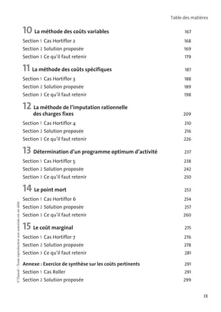 Table des matières

10 La méthode des coûts variables 	
Section 1	 Cas Hortiflor 2 	

Section 2	 Solution proposée 	

Section 3	 Ce qu’il faut retenir	

11 La méthode des coûts spécifiques	
Section 1	 Cas Hortiflor 3	

Section 2	 Solution proposée	

Section 3	 Ce qu’il faut retenir 	

12 La méthode de l’imputation rationnelle
des charges fixes	

Section 1	 Cas Hortiflor 4 	

Section 2	 Solution proposée	

Section 3	 Ce qu’il faut retenir	

13 Détermination d’un programme optimum d’activité	
Section 1	 Cas Hortiflor 5 	

Section 2	 Solution proposée 	

Section 3	 Ce qu’il faut retenir	

© Dunod – Toute reproduction non autorisée est un délit.

14 Le point mort	

Section 1	 Cas Hortiflor 6 	

Section 2	 Solution proposée	

Section 3	 Ce qu’il faut retenir 	

15 Le coût marginal	

Section 1	 Cas Hortiflor 7 	

Section 2	 Solution proposée	

167
168
169
179
187
188
189
198

209
210
216
226
237
238
242
250
253
254
257
260
275
276
278

Section 3	 Ce qu’il faut retenir	

281

Annexe : Exercice de synthèse sur les coûts pertinents 	

291

Section 1	 Cas Roller	

Section 2	 Solution proposée 	

291
299

IX

 