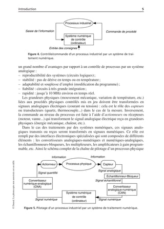 Introduction 5
Processus industriel
Système numérique
de contrôle
(ordinateur)
Saisie de l’information Commande de procédé
Entrée des consignes
Figure 4. Contrôle/commande d’un processus industriel par un système de trai-
tement numérique.
un grand nombre d’avantages par rapport à un contrôle de processus par un système
analogique :
reproductibilité des systèmes (circuits logiques) ;
stabilité : pas de dérive en temps ou en température ;
adaptabilité et souplesse d’emploi (modiﬁcation du programme) ;
ﬁabilité : circuits à très grande intégration ;
rapidité : jusqu’à 10 MHz environ en temps réel.
Les grandeurs physiques (mouvement mécanique, variation de température, etc.)
liées aux procédés physiques contrôlés mis en jeu doivent être transformées en
signaux analogiques électriques (courant ou tension) : cela est le rôle des capteurs
ou transducteurs (quartz, thermocouple...) dans le cas de la mesure. Inversement,
la commande au niveau du processus est faite à l’aide d’actionneurs ou récepteurs
(moteur, vanne...) qui transforment le signal analogique électrique reçu en grandeurs
physiques (énergie mécanique, chaleur, etc.).
Dans le cas des traitements par des systèmes numériques, ces signaux analo-
giques transmis ou reçus seront transformés en signaux numériques. Ce rôle est
rempli par des interfaces électroniques spécialisées qui sont composées de différents
éléments : les convertisseurs analogiques-numériques et numériques-analogiques,
les échantillonneurs-bloqueurs, les multiplexeurs, les ampliﬁcateurs à gain program-
mable, etc. Ainsi le schéma complet de la chaîne de pilotage d’un processus physique
Processus physique
Système numérique
de contrôle
(ordinateur)
Actionneur Capteur
Information Information
Signal quantifié
Signal analogique
Signal numériqueSignal numérique
Signal échantillonné
Échantillonneur-Bloqueur
Convertisseur
analogique-numérique
(CAN)
Convertisseur
numérique-analogique
(CNA)
Figure 5. Pilotage d’un processus industriel par un système de traitement numérique.
©Dunod.Laphotocopienonautoriséeestundélit.
 