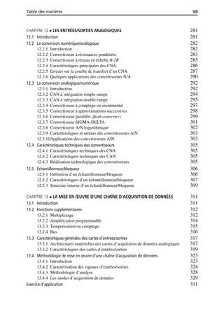 Table des matières VII
CHAPITRE 12 LES ENTRÉES/SORTIES ANALOGIQUES 281
12.1 Introduction 281
12.2 La conversion numérique/analogique 282
12.2.1 Introduction 282
12.2.2 Convertisseur à résistances pondérées 283
12.2.3 Convertisseur à réseau en échelle R-2R 285
12.2.4 Caractéristiques principales des CNA 286
12.2.5 Erreurs sur la courbe de transfert d’un CNA 287
12.2.6 Quelques applications des convertisseurs N/A 290
12.3 La conversion analogique/numérique 292
12.3.1 Introduction 292
12.3.2 CAN à intégration simple rampe 294
12.3.3 CAN à intégration double rampe 295
12.3.4 Convertisseur à comptage ou incrémental 297
12.3.5 Convertisseur à approximations successives 298
12.3.6 Convertisseur parallèle (ﬂash converter) 299
12.3.7 Convertisseur SIGMA-DELTA 301
12.3.8 Convertisseur A/N logarithmique 302
12.3.9 Caractéristiques et erreurs des convertisseurs A/N 303
12.3.10Applications des convertisseurs A/N 303
12.4 Caractéristiques techniques des convertisseurs 305
12.4.1 Caractéristiques techniques des CNA 305
12.4.2 Caractéristiques techniques des CAN 305
12.4.3 Réalisation technologique des convertisseurs 305
12.5 Échantillonneur/bloqueur 306
12.5.1 Déﬁnition d’un échantillonneur/bloqueur 306
12.5.2 Caractéristiques d’un échantillonneur/bloqueur 307
12.5.3 Structure interne d’un échantillonneur/bloqueur 309
CHAPITRE 13 LA MISE EN ŒUVRE D’UNE CHAÎNE D’ACQUISITION DE DONNÉES 311
13.1 Introduction 311
13.2 Fonctions supplémentaires 312
13.2.1 Multiplexage 312
13.2.2 Ampliﬁcation programmable 314
13.2.3 Temporisation ou comptage 315
13.2.4 Bus 316
13.3 Caractéristiques générales des cartes d’entrées/sorties 317
13.3.1 Architectures matérielles des cartes d’acquisition de données analogiques 317
13.3.2 Caractéristiques des cartes d’entrées/sorties 319
13.4 Méthodologie de mise en œuvre d’une chaîne d’acquisition de données 323
13.4.1 Introduction 323
13.4.2 Caractérisation des signaux d’entrées/sorties 324
13.4.3 Méthodologie d’analyse 328
13.4.4 Les modes d’acquisition de données 329
Exercice d’application 331
 