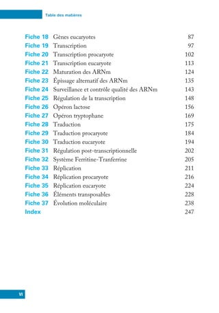 Table des matières
VI
Fiche 18 Gènes eucaryotes 87
Fiche 19 Transcription 97
Fiche 20 Transcription procaryote 102
Fiche 21 Transcription eucaryote 113
Fiche 22 Maturation des ARNm 124
Fiche 23 Épissage alternatif des ARNm 135
Fiche 24 Surveillance et contrôle qualité des ARNm 143
Fiche 25 Régulation de la transcription 148
Fiche 26 Opéron lactose 156
Fiche 27 Opéron tryptophane 169
Fiche 28 Traduction 175
Fiche 29 Traduction procaryote 184
Fiche 30 Traduction eucaryote 194
Fiche 31 Régulation post-transcriptionnelle 202
Fiche 32 Système Ferritine-Tranferrine 205
Fiche 33 Réplication 211
Fiche 34 Réplication procaryote 216
Fiche 35 Réplication eucaryote 224
Fiche 36 Éléments transposables 228
Fiche 37 Évolution moléculaire 238
Index 247
 