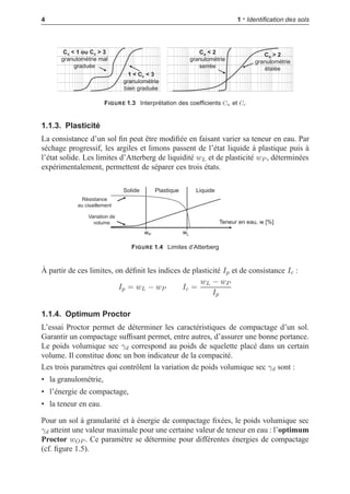 i
i
“LIVRE” — 2015/4/24 — 14:45 — page 4 — #12
i
i
i
i
i
i
4 1 • Identiﬁcation des sols


  
G    
J  G 
   ! 
G      
G 
 
G    

 !
G    
 
FIGURE 1.3 Interprétation des coefﬁcients Cu et Cc
1.1.3. Plasticité
La consistance d’un sol ﬁn peut être modiﬁée en faisant varier sa teneur en eau. Par
séchage progressif, les argiles et limons passent de l’état liquide à plastique puis à
l’état solide. Les limites d’Atterberg de liquidité wL et de plasticité wP , déterminées
expérimentalement, permettent de séparer ces trois états.
    K #$%
( L 
=   
N 
;   O  L
  !
 !  
KO K(
FIGURE 1.4 Limites d’Atterberg
À partir de ces limites, on déﬁnit les indices de plasticité Ip et de consistance Ic :
Ip = wL − wP Ic =
wL − wP
Ip
1.1.4. Optimum Proctor
L’essai Proctor permet de déterminer les caractéristiques de compactage d’un sol.
Garantir un compactage sufﬁsant permet, entre autres, d’assurer une bonne portance.
Le poids volumique sec γd correspond au poids de squelette placé dans un certain
volume. Il constitue donc un bon indicateur de la compacité.
Les trois paramètres qui contrôlent la variation de poids volumique sec γd sont :
• la granulométrie,
• l’énergie de compactage,
• la teneur en eau.
Pour un sol à granularité et à énergie de compactage ﬁxées, le poids volumique sec
γd atteint une valeur maximale pour une certaine valeur de teneur en eau : l’optimum
Proctor wOP . Ce paramètre se détermine pour différentes énergies de compactage
(cf. ﬁgure 1.5).
 