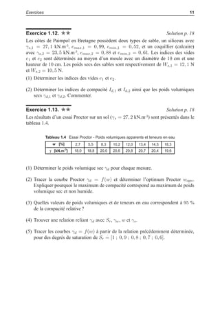 i
i
“LIVRE” — 2015/4/24 — 14:45 — page 11 — #19
i
i
i
i
i
i
Exercices 11
Exercice 1.12. Solution p. 18
Les côtes de Paimpol en Bretagne possèdent deux types de sable, un siliceux avec
γs,1 = 27, 1 kN.m-3, emax,1 = 0, 99, emin,1 = 0, 52, et un coquillier (calcaire)
avec γs,2 = 23, 5 kN.m-3, emax,2 = 0, 88 et emin,2 = 0, 61. Les indices des vides
e1 et e2 sont déterminés au moyen d’un moule avec un diamètre de 10 cm et une
hauteur de 10 cm. Les poids secs des sables sont respectivement de Ws,1 = 12, 1 N
et Ws,2 = 10, 5 N.
(1) Déterminer les indices des vides e1 et e2.
(2) Déterminer les indices de compacité Id,1 et Id,2 ainsi que les poids volumiques
secs γd,1 et γd,2. Commenter.
Exercice 1.13. Solution p. 18
Les résultats d’un essai Proctor sur un sol (γs = 27, 2 kN.m-3) sont présentés dans le
tableau 1.4.
Tableau 1.4 Essai Proctor - Poids volumiques apparents et teneurs en eau
       
       
 KBW
Ȗ××KZ9[
W
(1) Déterminer le poids volumique sec γd pour chaque mesure.
(2) Tracer la courbe Proctor γd = f(w) et déterminer l’optimum Proctor wopn.
Expliquer pourquoi le maximum de compacité correspond au maximum de poids
volumique sec et non humide.
(3) Quelles valeurs de poids volumiques et de teneurs en eau correspondent à 95 %
de la compacité relative ?
(4) Trouver une relation reliant γd avec Sr, γw, w et γs.
(5) Tracer les courbes γd = f(w) à partir de la relation précédemment déterminée,
pour des degrés de saturation de Sr = [1 ; 0, 9 ; 0, 8 ; 0, 7 ; 0, 6].
 