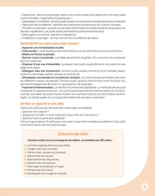 7
zz Apprendre : dans les pays anglo-saxons, les outils visuels pour apprendre sont regroupés
sous le vocable « organisateurs graphiques ».
zz Développersacréativité :certainsoutilsvisuelscommelacartementalestimulentlacréativité.
zz Résoudre des problèmes : identifier les interactions et percevoir les chaînes causales.
zz Prendreunedécision :souvent,letrop-pleind’informationsàtraiterempêchedeprendreune
décision rapidement. Les outils visuels permettent de prendre de la hauteur.
zz Mieux gérer son temps : planifier et séquencer.
zz Collaborer et partager : animer une réunion et collecter des idées.
Quels bénéfices retirer des outils visuels ?
zz Apporter une immédiateté visuelle.
zz Créer du lien. L’outil visuel permet notamment un va-et-vient entre le connu et l’inconnu.
zz Mettre en forme sa pensée.
zz Donner corps à sa pensée. Les idées deviennent tangibles. On va pouvoir les manipuler
pour les organiser.
zz Disposer d’une vue d’ensemble. La plupart des outils visuels donnent une vision en une
page (one page).
zz Dialoguer avec son inconscient. Certains outils visuels comme la carte mentale s’appa-
rentent à une image cachée, enfouie au fond de soi.
zz Développer une pensée en couches (en strates). Les outils visuels permettent de varier
les différents niveaux de pensée. Certains outils, grâce à une fonction zoom in/zoom out,
permettent également de varier la « granularité » de la pensée.
zz Favoriser la mémorisation. La mémoire humaine est spatialisée. La méthode des lieux de
l’anti­quité en apporte la preuve. Les outils visuels favorisent la mémorisation du contenu.
Last but not least, les outils visuels restent low cost (bas coût) et low tech (basse techno-
logie). Un simple papier et un crayon permettent de visualiser sa pensée !
Se fixer un objectif et une cible
Utiliser les outils visuels nécessite de s’interroger au préalable :
zz Quel est mon objectif ?
zz Quelle est ma cible ? L’outil visuel est-il pour moi, pour les autres ?
zz Quel est l’outil visuel le plus adéquat ?
Cet ouvrage propose 72 outils pour vous aider à exprimer vos idées visuellement. Ces outils
s’articulent autour de neuf grands axes :
Sommaire des vidéos
Certains outils sont accompagnés de vidéos, accessibles par QR codes :
1. Le mind mapping dans tous ses états.
2. Jongler avec les concepts.
3. Hiérarchiser, classer et comparer.
4. Déterminer les causes.
5. Représenter les séquences.
6. Montrer les interactions.
7. Interroger et présenter un sujet.
8. Penser avec les mains.
9. Développer son imagerie mentale.
 