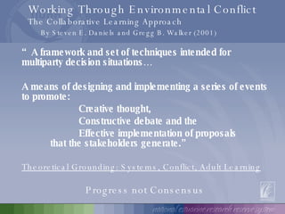 Working Through Environmental Conflict The Collaborative Learning Approach By Steven E. Daniels and Gregg B. Walker (2001) “ A framework and set of techniques intended for multiparty decision situations…  A means of designing and implementing a series of events to promote:  Creative thought,  Constructive debate and the  Effective implementation of proposals  that the stakeholders generate.” Theoretical Grounding: Systems, Conflict, Adult Learning Progress not Consensus 