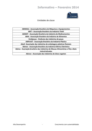 Informativo – Fevereiro 2014

Entidades de classe

ABIMAQ – Associação Brasileira de Máquinas e Equipamentos
ABIT – Associação Brasileira da Indústria Têxtil
ABIMIP – Associação Brasileira da Indústria de Medicamentos
ABIA - Associação Brasileira da Indústria de Alimentos
Sindipeças - Sindicato das indústrias de peças
ABIPLAST - Associação Brasileira da Indústria Plástica
Abief- Associação das indústrias de embalagens plásticas flexíveis
Abinee - Associação Brasileira da Indústria Elétrica Eletrônica
Abima - Asociação brasileira das indústrias de Massas Alimentícias e Pão e Bolo
Industrializados
Abiove - Associação das indústrias de óleos vegetais

Alto Desempenho

-

Crescimento com sustentabilidade

 