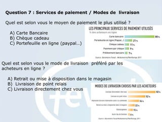 Question 7 : Services de paiement / Modes de livraison

 Quel est selon vous le moyen de paiement le plus utilisé ?

   A) Carte Bancaire
   B) Chèque cadeau
   C) Portefeuille en ligne (paypal…)



Quel est selon vous le mode de livraison préféré par les
acheteurs en ligne ?

  A) Retrait ou mise à disposition dans le magasin
  B) Livraison de point relais
  C) Livraison directement chez vous
 
