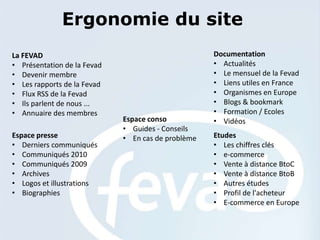 Ergonomie du site
La FEVAD                                            Documentation
• Présentation de la Fevad                          • Actualités
• Devenir membre                                    • Le mensuel de la Fevad
• Les rapports de la Fevad                          • Liens utiles en France
• Flux RSS de la Fevad                              • Organismes en Europe
• Ils parlent de nous ...                           • Blogs & bookmark
• Annuaire des membres                              • Formation / Ecoles
                             Espace conso           • Vidéos
                             • Guides - Conseils
Espace presse                • En cas de problème   Etudes
• Derniers communiqués                              • Les chiffres clés
• Communiqués 2010                                  • e-commerce
• Communiqués 2009                                  • Vente à distance BtoC
• Archives                                          • Vente à distance BtoB
• Logos et illustrations                            • Autres études
• Biographies                                       • Profil de l'acheteur
                                                    • E-commerce en Europe
 