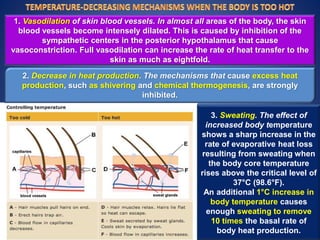 1. Vasodilation of skin blood vessels. In almost all areas of the body, the skin
blood vessels become intensely dilated. This is caused by inhibition of the
sympathetic centers in the posterior hypothalamus that cause
vasoconstriction. Full vasodilation can increase the rate of heat transfer to the
skin as much as eightfold.
3. Sweating. The effect of
increased body temperature
shows a sharp increase in the
rate of evaporative heat loss
resulting from sweating when
the body core temperature
rises above the critical level of
37°C (98.6°F).
An additional 1°C increase in
body temperature causes
enough sweating to remove
10 times the basal rate of
body heat production.
2. Decrease in heat production. The mechanisms that cause excess heat
production, such as shivering and chemical thermogenesis, are strongly
inhibited.
 