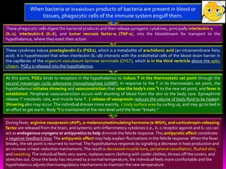 During fever, arginine vasopressin (AVP), α-melanocytestimulating hormone (α-MSH), and corticotropin-releasing
factor are released from the brain, and systemic anti-Inflammatory cytokines (i.e., IL-1 receptor agonist and IL-10) can
act as endogenous cryogens or antipyretics to help diminish the febrile response.This antipyretic effect constitutes
a negative-feedback loop.The antipyretic effect may help explain fluctuations in the febrile response.When the fever
breaks, the set point is returned to normal.The hypothalamus responds by signaling a decrease in heat production and
an increase in heat-reduction mechanisms.The result is decreased muscle tone, peripheral vasodilation, flushed skin,
and sweating.The individual feels very warm, replaces warm clothing with cooler clothes, throws off the covers, and
stretches out. Once the body has returned to a normal temperature, the individual feels more comfortable and the
hypothalamus adjusts thermoregulatory mechanisms to maintain the new temperature.
At this point, PGE2 binds to receptors in the hypothalamus to induce  in the thermostatic set point through the
second messenger cyclic adenosine monophosphate (cAMP). In response to the  in its thermostatic set point, the
hypothalamus initiates shivering and vasoconstriction that raise the body’s core °t to the new set point, and fever is
established. Peripheral vasoconstriction occurs with shunting of blood from the skin to the body core. Epinephrine
release  metabolic rate, and muscle tone .  release of vasopressin reduces the volume of body fluid to be heated.
Shivering also may occur. The individual dresses more warmly,  body surface area by curling up, and may go to bed in
an effort to get warm. Body °t is maintained at the new level until the fever “breaks.”
These cytokines induce prostaglandin E2 (PGE2), which is a metabolite of arachidonic acid (an intramembrane fatty
acid). It is hypothesized that when interleukin (IL-1B) interacts with the endothelial cells of the blood–brain barrier in
the capillaries of the organum vasculosum laminae terminalis (OVLT), which is in the third ventricle above the optic
chiasm, PGE2 is released into the hypothalamus.
These phagocytic cells digest the bacterial products and then release pyrogenic cytokines, principally interleukin-1
(IL-1), interleukin-6 (IL-6), and tumor necrosis factor-α (TNF-α), into the bloodstream for transport to the
hypothalamus, where they exert their action.
When bacteria or breakdown products of bacteria are present in blood or
tissues, phagocytic cells of the immune system engulf them.
 
