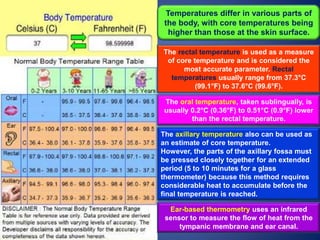 Temperatures differ in various parts of
the body, with core temperatures being
higher than those at the skin surface.
The rectal temperature is used as a measure
of core temperature and is considered the
most accurate parameter. Rectal
temperatures usually range from 37.3°C
(99.1°F) to 37.6°C (99.6°F).
The oral temperature, taken sublingually, is
usually 0.2°C (0.36°F) to 0.51°C (0.9°F) lower
than the rectal temperature.
The axillary temperature also can be used as
an estimate of core temperature.
However, the parts of the axillary fossa must
be pressed closely together for an extended
period (5 to 10 minutes for a glass
thermometer) because this method requires
considerable heat to accumulate before the
final temperature is reached.
Ear-based thermometry uses an infrared
sensor to measure the flow of heat from the
tympanic membrane and ear canal.
 