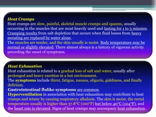 Heat Cramps
Heat cramps are slow, painful, skeletal muscle cramps and spasms, usually
occurring in the muscles that are most heavily used and lasting for 1 to 3 minutes.
Cramping results from salt depletion that occurs when fluid losses from heavy
sweating are replaced by water alone.
The muscles are tender, and the skin usually is moist. Body temperature may be
normal or slightly elevated. There almost always is a history of vigorous activity
preceding the onset of symptoms.
Heat Exhaustion
Heat exhaustion is related to a gradual loss of salt and water, usually after
prolonged and heavy exertion in a hot environment.
The symptoms include thirst, fatigue, nausea, oliguria, giddiness, and finally
delirium.
Gastrointestinal flulike symptoms are common.
Hyperventilation in association with heat exhaustion may contribute to heat
cramps and tetany by causing respiratory alkalosis. The skin is moist, the rectal
temperature usually is higher than 37.8°C (100°F) but below 40°C (104°F), and
the heart rate is elevated. Signs of heat cramps may accompany heat exhaustion.
 