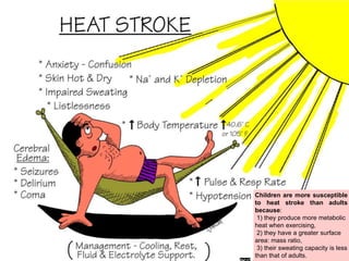 Children are more susceptible
to heat stroke than adults
because:
1) they produce more metabolic
heat when exercising,
2) they have a greater surface
area: mass ratio,
3) their sweating capacity is less
than that of adults.
 