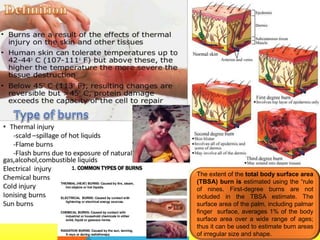 The extent of the total body surface area
(TBSA) burn is estimated using the “rule
of nines. First-degree burns are not
included in the TBSA estimate. The
surface area of the palm, including palmar
finger surface, averages 1% of the body
surface area over a wide range of ages;
thus it can be used to estimate burn areas
of irregular size and shape.
 