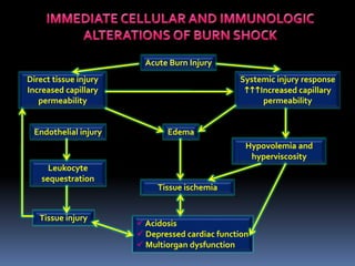 Acute Burn Injury
Direct tissue injury
Increased capillary
permeability
Systemic injury response
Increased capillary
permeability
Tissue injury
Endothelial injury
Leukocyte
sequestration
 Acidosis
 Depressed cardiac function
 Multiorgan dysfunction
Edema
Tissue ischemia
Hypovolemia and
hyperviscosity
 