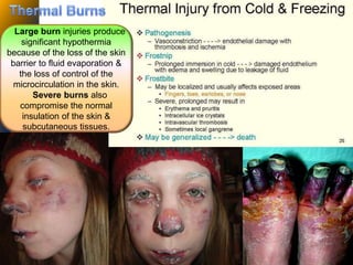 Large burn injuries produce
significant hypothermia
because of the loss of the skin
barrier to fluid evaporation &
the loss of control of the
microcirculation in the skin.
Severe burns also
compromise the normal
insulation of the skin &
subcutaneous tissues.
 