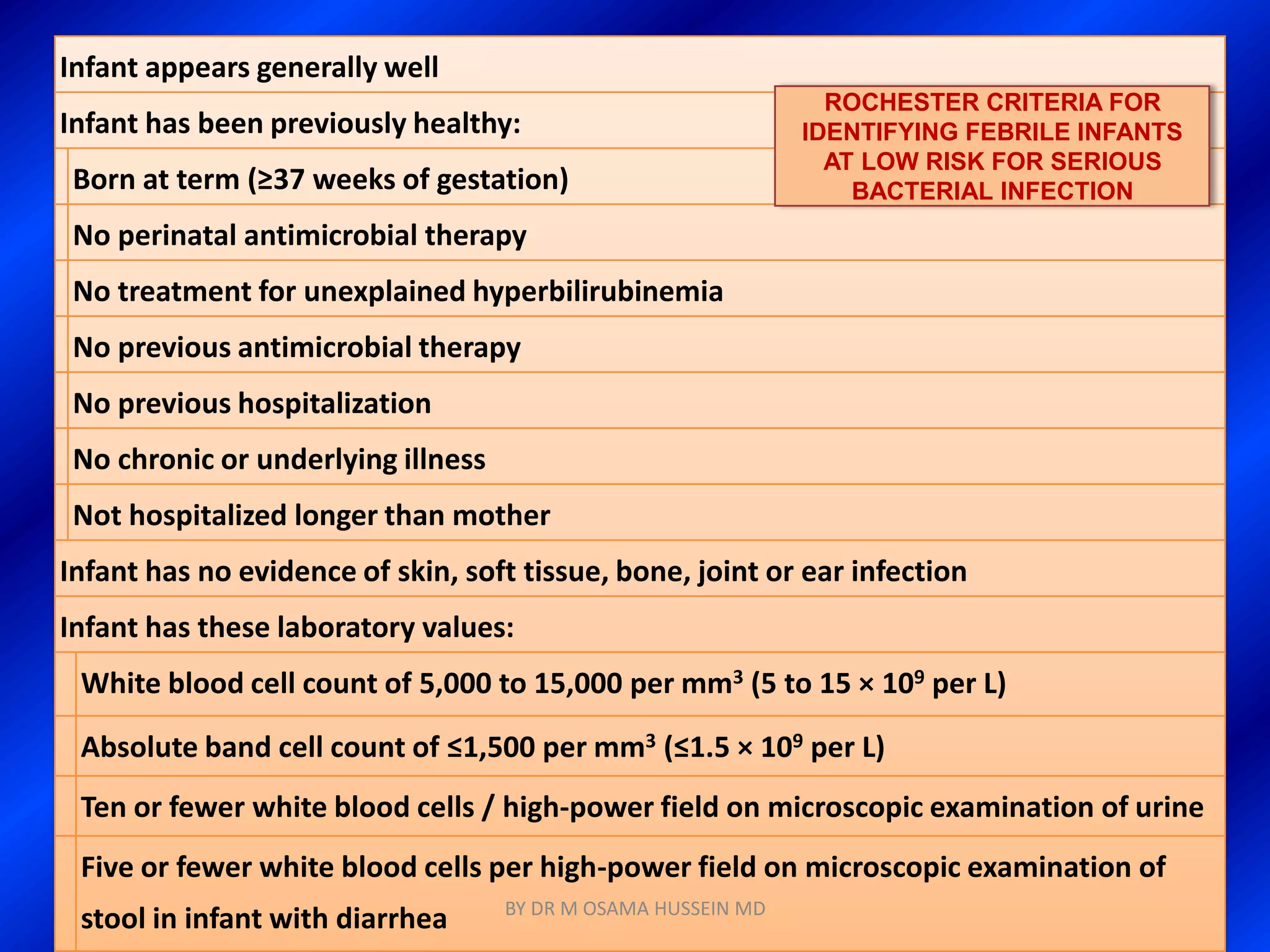 Infant appears generally well
                                                                 ROCHESTER CRITERIA FOR
Infant has been previously healthy:                            IDENTIFYING FEBRILE INFANTS
                                                                 AT LOW RISK FOR SERIOUS
 Born at term (≥37 weeks of gestation)                             BACTERIAL INFECTION
 No perinatal antimicrobial therapy
 No treatment for unexplained hyperbilirubinemia
 No previous antimicrobial therapy
 No previous hospitalization
 No chronic or underlying illness
 Not hospitalized longer than mother
Infant has no evidence of skin, soft tissue, bone, joint or ear infection
Infant has these laboratory values:
 White blood cell count of 5,000 to 15,000 per mm3 (5 to 15 × 109 per L)

 Absolute band cell count of ≤1,500 per mm3 (≤1.5 × 109 per L)
 Ten or fewer white blood cells / high-power field on microscopic examination of urine
 Five or fewer white blood cells per high-power field on microscopic examination of
                                    BY DR M OSAMA HUSSEIN MD
 stool in infant with diarrhea
 