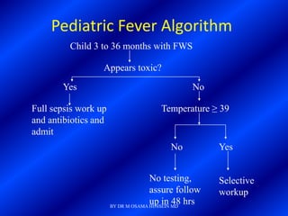 Pediatric Fever Algorithm
         Child 3 to 36 months with FWS

                  Appears toxic?

       Yes                                    No

Full sepsis work up                  Temperature ≥ 39
and antibiotics and
admit
                                        No          Yes


                                    No testing,     Selective
                                    assure follow   workup
                                    up in 48 hrs
                      BY DR M OSAMA HUSSEIN MD
 