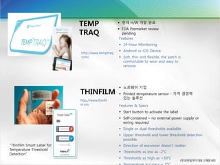 TEMP
TRAQ
 현재 H/W 개발 완료
 FDA Premarket review
pending
http://www.temptraq.
com/
THINFILM
http://www.thinfil
m.no/
 노르웨이 기업
 Printed temperature sensor - 가격 경쟁력
있는 솔루션
Features & Specs
 Start button to activate the label
 Self-contained – no external power supply or
wiring required
 Single or dual thresholds available
 Upper threshold and lower threshold detection
possible.
 Direction of excursion doesn’t matter
 Thresholds as low as -2°C
 Thresholds as high as +30°C
Features
 24-Hour Monitoring
 Android or iOS Device
 Soft, thin and flexible, the patch is
comfortable to wear and easy to
remove.
“Thinfilm Smart Label for
Temperature Threshold
Detection”
 