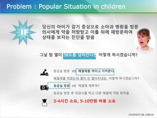 당신의 아이가 감기 증상으로 소아과 병원을 방문
의사에게 약을 처방받고 이틀 뒤에 재방문하여
상태를 보자는 진단을 받음
그날 밤 열이 38도를 넘어간다면 어떻게 하시겠습니까?
응급실 방문 VS 해열제를 먹이고 지켜본다
해열제를 먹였는데 열이 안 떨어지네요. 어떻게 하시겠습니까?
응급실 방문 VS 해열제 재투여?
응급실 방문 후 피검사를 하고 다른 해열제 처방 받아옴
3-4시간 소요, 5-10만원 비용 소요
Problem : Popular Situation in children
IF
 