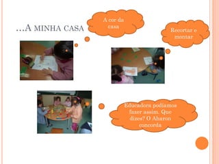 …A MINHA CASA

A cor da
casa

Recortar e
montar

Educadora podíamos
fazer assim. Que
dizes? O Aharon
concorda

 