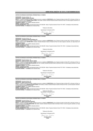 DIÁRIO OFICIAL EDIÇÃO Nº 851 DE 01 a 15 DE FEVEREIRO DE 2010

CONTRATO DE SERVIÇOS DE EXCEPCIONAL INTERESSE PÚBLICO - Nº 080/2010

CONTRATANTE – Município de Piancó - PB.
CONTRATADO – DAMIANA FERREIRA COUTINHO
OBJETO – O presente Contrato tem por objeto a prestação de serviços na qualidade de ODONTÓLOGA, junto ao Programa de Saúde da Família (PSF) no Município de Piancó, na
Unidade de Saúde da Família FERNANDO VIEIRA DE MELO, nesta cidade, vinculada a Secretaria Municipal de Saúde do Município de Piancó, nos dias de segunda a sexta-feira, com
carga horária de 40 (quarenta) horas semanais.
FUNDAMENTO JURÍDICO – Lei n° 8.666/93 e alterações posteriores.
VIGÊNCIA – 01.02.2010 a 31.07.2010
DOTAÇÃO ORÇAMENTÁRIA –;01.010- Fundo Municipal de Saúde;10.301.0029.2046 – Manter o Programa de Saúde da Família- PSF; 3190.04 – Contratação por tempo determinado..
VALOR BRUTO MENSAL –R$ 2.600,00(Dois Mil e Seiscentos Reais)

                                                                         Publique-se e dê-se ciência.

                                                                    Paço Municipal, 01 de fevereiro de 2010


                                                                            Flávia Serra Galdino
                                                                                   Prefeita
CONTRATO DE SERVIÇOS DE EXCEPCIONAL INTERESSE PÚBLICO - Nº 081/2010

CONTRATANTE – Município de Piancó - PB.
CONTRATADO – EITOINOIR DE ANDRADE BEZERRA LEITE
OBJETO – O presente Contrato tem por objeto a prestação de serviços na qualidade de ODONTÓLOGA, junto ao Programa de Saúde da Família (PSF) no Município de Piancó, na
Unidade de Saúde da Família TEOTONIO NETO, vinculada a Secretaria Municipal de Saúde do Município de Piancó, nos dias de segunda a sexta-feira, com carga horária de 40
(quarenta) horas semanais.
FUNDAMENTO JURÍDICO – Lei n° 8.666/93 e alterações posteriores.
VIGÊNCIA – 01.02.2010 a 31.07.2010
DOTAÇÃO ORÇAMENTÁRIA – 01.010- Fundo Municipal de Saúde; 10.301.0029.2046 – Manter o Programa de Saúde da Família- PSF; 3190.04 – Contratação por tempo determinado..
VALOR BRUTO MENSAL – R$ 2.600,00(Dois Mil e Seiscentos Reais)

                                                                         Publique-se e dê-se ciência.

                                                                    Paço Municipal, 01 de fevereiro de 2010


                                                                            Flávia Serra Galdino
                                                                                   Prefeita
CONTRATO DE SERVIÇOS DE EXCEPCIONAL INTERESSE PÚBLICO - Nº 082/2010

CONTRATANTE – Município de Piancó - PB.
CONTRATADO – IZABELITA PESSOA RRAFAEL BOMFIM
OBJETO – O presente Contrato tem por objeto a prestação de serviços na qualidade de ODONTÓLOGA, junto ao Programa de Saúde da Família (PSF) no Município de Piancó, na
Unidade de Saúde da Família JOSÉ TOMAZ DOS SANTOS, Sítio Junco, vinculada a Secretaria Municipal de Saúde do Município de Piancó, nos dias de segunda a sexta-feira, com carga
horária de 40 (quarenta) horas semanais.
FUNDAMENTO JURÍDICO – Lei n° 8.666/93 e alterações posteriores.
VIGÊNCIA – 01.02.2010 a 31.07.2010
DOTAÇÃO ORÇAMENTÁRIA –01.010- Fundo Municipal de Saúde; 10.301.0029.2046 – Manter o Programa de Saúde da Família- PSF; 3190.04 – Contratação por tempo determinado..
VALOR BRUTO MENSAL – R$ 2.600,00(Dois Mil e Seiscentos Reais)

                                                                         Publique-se e dê-se ciência.

                                                                    Paço Municipal, 01 de fevereiro de 2010


                                                                            Flávia Serra Galdino
                                                                                   Prefeita
CONTRATO DE SERVIÇOS DE EXCEPCIONAL INTERESSE PÚBLICO - Nº 083/2010

CONTRATANTE – Município de Piancó - PB.
CONTRATADO – MARIA ELEUZA BATISTA
OBJETO – O presente Contrato tem por objeto a prestação de serviços na qualidade de ODONTÓLOGA, junto ao Programa de Saúde da Família (PSF) no Município de Piancó, na
Unidade de Saúde da Família, JOAQUIM ESTEVAM DE SOUZA, Sítio Pitombeira, vinculada a Secretaria Municipal de Saúde do Município de Piancó, nos dias de segunda a sexta-feira,
com carga horária de 40 (quarenta) horas semanais.
FUNDAMENTO JURÍDICO – Lei n° 8.666/93 e alterações posteriores.
VIGÊNCIA – 01.02.2010 a 31.07.2010
DOTAÇÃO ORÇAMENTÁRIA – 01.010- Fundo Municipal de Saúde;10.301.0029.2046 – Manter o Programa de Saúde da Família- PSF; 3190.04 – Contratação por tempo determinado..
VALOR BRUTO MENSAL – R$ 2.600,00(Dois Mil e Seiscentos Reais)
                                                                        Publique-se e dê-se ciência.
                                                                  Paço Municipal, 01 de fevereiro de 2010


                                                                            Flávia Serra Galdino
                                                                                   Prefeita
CONTRATO DE SERVIÇOS DE EXCEPCIONAL INTERESSE PÚBLICO - Nº 084/2010

CONTRATANTE – Município de Piancó - PB.
CONTRATADO – MARIA DO DESTERRO INOCENCIO
OBJETO – O presente Contrato tem por objeto a prestação de serviços na qualidade de ODONTÓLOGA, junto ao Programa de Saúde da Família (PSF) no Município de Piancó, na
Unidade de Saúde da Família EUDO MOURA DINIZ, nesta cidade, vinculada a Secretaria Municipal de Saúde do Município de Piancó, nos dias de segunda a sexta-feira, com carga
horária de 40 (quarenta) horas semanais.
FUNDAMENTO JURÍDICO – Lei n° 8.666/93 e alterações posteriores.
VIGÊNCIA – 01.02.2010 a 31.07.2010
DOTAÇÃO ORÇAMENTÁRIA –01.010- Fundo Municipal de Saúde; 10.301.0029.2046 – Manter o Programa de Saúde da Família- PSF; 3190.04 – Contratação por tempo determinado..
VALOR BRUTO MENSAL – R$ 2.600,00(Dois Mil e Seiscentos Reais)

                                                                         Publique-se e dê-se ciência.

                                                                    Paço Municipal, 01 de fevereiro de 2010


                                                                            Flávia Serra Galdino
                                                                                   Prefeita
 