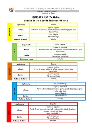 PATRONATO NOSSA SENHORA DA BONANÇA
Creche e Jardim-de-Infância
Vila Praia de Âncora
EMENTA DO JARDIM
Semana de 15 a 19 de fevereiro de 2016
SEGUNDA
Suplemento Bolacha
Almoço
Sopa de repolho
Caldeirada de bacalhau, salada de alface, tomate e pepino, água
Banana/Pêra
Lanche
Leite simples
Pão com queijo
Reforço da tarde Bolacha
TERÇA
Suplemento Leite simples
Almoço
Creme de brócolos
Massa macarrão com carne (ervilhas, feijão verde e cenoura), água
Kiwi/Banana
Lanche
Leite com cevada
Tostas com marmelada
Reforço da tarde Bolacha
QUARTA
Suplemento Banana
Almoço
Sopa de ervilhas
Arroz de peixe, salada de alface, tomate e milho, água
Pêra/Maçã
Lanche
Iogurte aromas
Pão com manteiga
Reforço da tarde Bolacha
QUINTA
Suplemento Pão com manteiga
Almoço
Sopa de massinhas
Farinha de mandioca com carne (peru), salada de alface, pepino e
beterraba, água
Laranja/Banana
Lanche Leite com cereais
Reforço da tarde Bolacha
SEXTA
Suplemento Iogurte
Almoço
Creme de legumes
Feijão-frade (com molho verde), ovos mexidos, salada de alface,
cenoura e beterraba, água
Maçã assada/Pêra
Lanche
Leite com cevada
Pão com fiambre
Reforço da tarde Bolacha
 