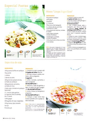 Especial
A
Pastas
t

t .._-
'..tr'FiP
Massa "Lirnpa
INCREDIENÍES
50I queijo em pedaços
16009água
10I azeite
2 c. chá de sal
500 g massa,tipo esparguete
% c. chá de caldo de cârnefeito
nâ Bimby (ou ]4 cubo)
1 lata pequenâ de salsichas, cortadas
às rodelas
1 bifefrango cozinhado,
corÌãdo em pedaços
t hambúrguer.ozinhado,
coÍtadoem pedaços
1 lata pequenâ de ervìlhas escorrida5
3 ovo5 batidos
DlcA I Este prato e desrsnado de Lrmpa
frigorfrcos' por se poder preparar uma
refeiçàÕ píatrca e rapida àproveitando
todas ês sobras que noímaLmente hã no
frigorifico.
. Qualquer un desres ingredienres pode
ser substituÍdo por quaisquer "sobÍas'
que se tenha, por exempìo: 2 fatiãs de
liambÌe. 1 íarià de carne assãda. 1 peúode
kanqo iá cozinhado. etc.
J iLOS
PREPÂRAcÃo
1. Coloq!e o queijo no copo e dê
2-t tolpê, dê Tuibo. Reserve.
2. No copo coloque 1500gdeáBua,o
azeite,osalepro8rame
10 hin/Va.oma/Yêl
'-
3. Com a Bimby parada, deite o
espâÍguete pelo bocal da tampa
e progíâme tcmpo indicado na
êmbâl.gên/1oo'€/t/vd +. EscoF
ra com a ajuda dâ Varomâ, coloque
numa taça e mantenha aquecidã.
Reserve.
5. Coloque no copo a restante áBua,
o caldo de carne, as salsichãs, o bìfe
defrango, o harnbúrguer, as ervilhas e
progrãme 8 min/virom alÇrlvet 4.
6. Progrãme 30
'e&lç/vd
+, e dei-
te ãtÍavés do bocalda tampa os ovos
bâtidos.
7, Junte a mistura ao esparguete, en-
volvâ e sirva polvilhàdo com o queijo
reservado.
-L.
iaí
'ì
f ffi**. lg lg !
iìopa rìr:a c1e soja.
INGREDIENTES
100I queijo da llha em pedaços
50 g azeÍte
L cebola
2 dentes de alho
200 I tomaÌe pelado de laÌa,
cortado aos pedâços
100 g pimento vermelho,
corÌado em tiras
2 talos aipo, cortado em pedaços
(opcional)
2 c. chá de caldo galìnha
ou legumes feito na Bimby
(ou 2 cubos)
1200 g água
400 g grãos de soja congelados
150 I massa, tipo cotovelo
Sal q.b.
Pimenta q.b.
PRTPARÂCÃo
1. Coloque no copo o queijo e dê
3-4 golpes de ÌuÌbo. Reserve.
2. No copo coloque o azeite, a ce-
bola,o alho e programe
5 5€&/v€l 5.
3. Junte o tomate, o pimento, o
aipo e programe
10 min^oo'c/v€l+
4. Adicione o caldo de galinha, a
água, os grãos de soja e progra-
me 20 min/r0o"C/ç/vel +.
5, lunte a massa, os temperos e
programe
tO minILOO"Clçlvel +.
6. Coloque a sopa numa taça
funda e polvilhe com o queijo ra-
lado reservado.
DlcA ÌEste prato é essenciâlmente
uma sopa fort€ itaÌianâ. Pode servir
como pralo principal, especiâlm€nte
. Nesta receita .rliÌÌzou se fetàodesojâ
pois é um ótiÌ,Ìr. subslituto da cêrne.

.ã
(v
@
@
24 Fevereiro 2011 Bimby
 