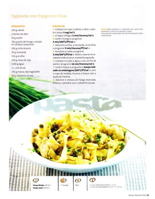 l;11r.1 ,,rlL' . i,iìì i..
lr:cRI i,! lr^rì ía 5
200 g cebola
2 dentes de alho
30 g azeite
350 g peito de frango, cortado
em pedaços pequenos
100I vinho branco
30 g mostarda
150I ervilha
100 g natas de soja
1500 g água
2 c. chá de sal
250 I massa, tipo tagliatelle
20 g cebolinho picado
I
Coloque no copo a cebola, o alho, o azei-
te e pique 3 reg/vel 5.
i. A seguir refogue 5 min/Varoma/vel t'
.Junte ofrango e programe
5 min/aoo"Clçlvel -l'.
":. Adicione o vinho, a mostarda, as ervÌlhas
e programe 5 min/VatonalÇlvel *.
:i. lncorpore as natas e programe
2minA0o"Clçlvel+. Retire e reserve no re
cipiente onde irá servit mantenha aquecìdo.
,i. Coloque no copo a água, o sal, um fio de
azeite e programe lo min/vaÍoma/vêl 1.
7. Junte a massa e programe o tempo indi-
cado na embalagem/1oo"C/Ç/vel -&, sem
o copo de medida. Escorra a massa com a
ajuda da Varoma.
ti. Adicione à mistura de frango reservada,
envolva e polvilhe com o cebolìnho picado.
r - ' Pode substituiÌ o cebolìnho por outra erva
aromáticã, como por €x€mpìo a saìsa
. Âsnalasde soja podem s€r substituídâs por natâs
TêmpoBlmby.35 M F
Tempo total.45 M n
a
t
'b
,,
{
r'
F
*
ô.
fÌ
ft
,ò
Ì1
t*
F
rt
tt
tr
ir
t;
rr
t
It
lt
'Ë t !
'i',r
Í rtr
rtrt
;úà
-,;f tt11i,
B,mby L
Fevererro 2011 25
 