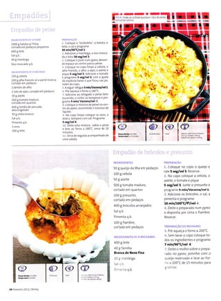 IIrlffi"-*'*;'r'""';l I IIII
,lrlll
II
1000 g batata p/ frìtar,
coÍtada em pedaçoç pequenos
400 g leite
sâlq.b
40 g mante ga
Noz moscada q b
150 g cebo a
200 I alho fÍancês só ã Parte branca,
cortado ern pedaços
2 dentes de alhô
l talo de aipo, coÍtado em Pedaços
30 g âzeite
200 g tomate mad!rro.
cortado enì quartos
600 g orì1bo de Pescadã,
desconge ado
50 g vinho bÍanco
Salq b
Pinrente q.b.
1009 ete
Coloque a "borboleta, a batata, o
leite, o sâle progrãrìre
30 min/90'Clvel1.
Adlcione a manteiSa, â noz mosca
da e bãta 30 seglvê|3.
Coloque o puíé nurn P/rex, deixan
do espaço ao centro parã o Peixe
co oque no copo llrnpo ã c-'bo a, o
a ho francês, o alho, o aipo, o azeite e
p que 5 reE/vel 5 Ad cione o toÍnate
e píograrne 3 seg/vel 5, coÍì a ajudâ
dâ espitu a baixe o que f cou nãs Pa
rede5 do copo.
A seguir refogue 5 min/VàÍoma/vel 1.
,, PÍé'aqüeça o foÍno a 180"C.
Adicione ao Íefogádo o peixe beÍÌ
escoÍrido, o vinho, os tempero5 e pío
gÍãme s min/ Varoma/vel 'r.
. co oque a rnistura de peixe no cen_
lÍo do pyrex, es.aítenda o excesso de
iquido.
:' No copo impo coloque os ovos, o
le te e tempeÍe com sâ . Progrãme
5 seg/vel4.
, Dete esta mistura sobíe o Peixe
e leve :o forno a 180'C cerca de 20
minutos.
:r 5iíva de seguida acompanhado de
umã 5alada
@
@ I
I
i ,: I
.i,'11rì :lliÍ r;r:
50 I queijo da llha em pedaços
100 g cebola
50 g azeÌte
500 g tomate maduro,
cortado eÍn quartos
100I presunto,
cortado em pedaços
400 I brócolos arranjados
5a q.b.
Pin'ìenta q.b.
100 g fiambre,
cortado em pedaços
i,.i 1, :r'Li:'l I i:! ?/ jieiiH!,'liI
400 g eite
40 g farinha
Branca de Neve Fina
20 g Ì-.]antelga
5a c.Ll
P r'.n:a q.b.
r. Coloque no copo o queilo e
rale 5 sêg/vel 5. Reserve.
,1. No copo coloque a cebola, o
azeite, o tornaÌe e pique
5 seg/vel 5. Junte o presunto e
progÍame 5 min/VaÍoma/Y€l t.
I Adicione os brócolos, o sal, a
pimenta e programe
to |âl.inlLoo'clçlvel +.
,t. Deìte o preparado num pyrex
e disponha por cima o fiambre.
Reserve.
tr|?!i.t:.r..) r
-, -lir;lr-, .1,.:
:t. Pré aqueça o forno a 200"C.
i:. Sem lavar o copo coloque to
dos os ingredientes e programe
7 minl9O"Clvel 4.
Deite o rnolho sobre o prepa
rado no pyrex, polvi he com o
queijo reservado e leve ao for
.o a 200"C de 15 minutos para
e.:tln a r.
rF"-"ô,
34 Fever€ ro 2011 I Blmby
 