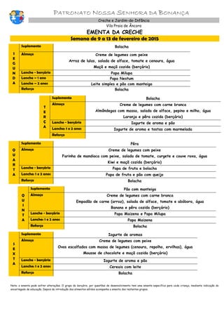 PATRONATO NOSSA SENHORA DA BONANÇA
Creche e Jardim-de-Infância
Vila Praia de Âncora
EMENTA DA CRECHE
Semana de 9 a 13 de fevereiro de 2015
S
E
G
U
N
D
A
Suplemento Bolacha
Almoço Creme de legumes com peixe
Arroz de lulas, salada de alface, tomate e cenoura, água
Maçã e maçã cozida (berçário)
Lanche - berçário Papa Milupa
Lanche – 1 ano Papa Nestum
Lanche – 2 anos Leite simples e pão com manteiga
Reforço Bolacha
T
E
R
Ç
A
Suplemento Bolacha
Almoço Creme de legumes com carne branca
Almôndegas com massa, salada de alface, pepino e milho, água
Laranja e pêra cozida (berçário)
Lanche - berçário Iogurte de aroma e pão
Lanche: 1 e 2 anos Iogurte de aroma e tostas com marmelada
Reforço
Q
U
A
R
T
A
Suplemento Pêra
Almoço Creme de legumes com peixe
Farinha de mandioca com peixe, salada de tomate, curgete e couve roxa, água
Kiwi e maçã cozida (berçário)
Lanche - berçário Papa de fruta e bolacha
Lanche: 1 e 2 anos Papa de fruta e pão com queijo
Reforço Bolacha
Q
U
I
N
T
A
Suplemento Pão com manteiga
Almoço Creme de legumes com carne branca
Empadão de carne (arroz), salada de alface, tomate e abóbora, água
Banana e pêra cozida (berçário)
Lanche - berçário Papa Maizena e Papa Milupa
Lanche: 1 e 2 anos Papa Maizena
Reforço Bolacha
S
E
X
T
A
Suplemento Iogurte de aromas
Almoço Creme de legumes com peixe
Ovos escalfados com massa de legumes (cenoura, repolho, ervilhas), água
Mousse de chocolate e maçã cozida (berçário)
Lanche - berçário Iogurte de aroma e pão
Lanche: 1 e 2 anos Cereais com leite
Reforço Bolacha
Nota: a ementa pode sofrer alterações. O grupo do berçário, por questões de desenvolvimento tem uma ementa específica para cada criança, mediante indicação do
encarregado de educação. Depois da introdução dos alimentos sólidos acompanha a ementa dos restantes grupos.
 