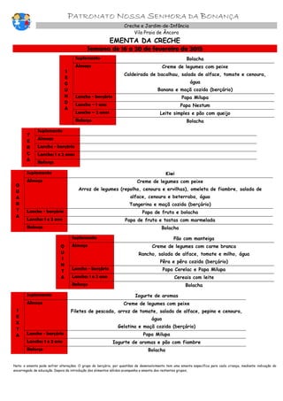 PATRONATO NOSSA SENHORA DA BONANÇA
Creche e Jardim-de-Infância
Vila Praia de Âncora
EMENTA DA CRECHE
Semana de 16 a 20 de fevereiro de 2015
S
E
G
U
N
D
A
Suplemento Bolacha
Almoço Creme de legumes com peixe
Caldeirada de bacalhau, salada de alface, tomate e cenoura,
água
Banana e maçã cozida (berçário)
Lanche - berçário Papa Milupa
Lanche – 1 ano Papa Nestum
Lanche – 2 anos Leite simples e pão com queijo
Reforço Bolacha
T
E
R
Ç
A
Suplemento
Almoço
Lanche - berçário
Lanche: 1 e 2 anos
Reforço
Q
U
A
R
T
A
Suplemento Kiwi
Almoço Creme de legumes com peixe
Arroz de legumes (repolho, cenoura e ervilhas), omeleta de fiambre, salada de
alface, cenoura e beterraba, água
Tangerina e maçã cozida (berçário)
Lanche - berçário Papa de fruta e bolacha
Lanche: 1 e 2 ano Papa de fruta e tostas com marmelada
Reforço Bolacha
Q
U
I
N
T
A
Suplemento Pão com manteiga
Almoço Creme de legumes com carne branca
Rancho, salada de alface, tomate e milho, água
Pêra e pêra cozida (berçário)
Lanche - berçário Papa Cerelac e Papa Milupa
Lanche: 1 e 2 ano Cereais com leite
Reforço Bolacha
S
E
X
T
A
Suplemento Iogurte de aromas
Almoço Creme de legumes com peixe
Filetes de pescada, arroz de tomate, salada de alface, pepino e cenoura,
água
Gelatina e maçã cozida (berçário)
Lanche - berçário Papa Milupa
Lanche: 1 e 2 ano Iogurte de aromas e pão com fiambre
Reforço Bolacha
Nota: a ementa pode sofrer alterações. O grupo do berçário, por questões de desenvolvimento tem uma ementa específica para cada criança, mediante indicação do
encarregado de educação. Depois da introdução dos alimentos sólidos acompanha a ementa dos restantes grupos,
 