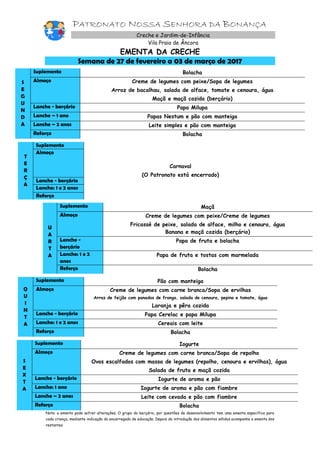 PATRONATO NOSSA SENHORA DA BONANÇA
Creche e Jardim-de-Infância
Vila Praia de Âncora
EMENTA DA CRECHE
Semana de 27 de fevereiro a 03 de março de 2017
S
E
G
U
N
D
A
Suplemento Bolacha
Almoço Creme de legumes com peixe/Sopa de legumes
Arroz de bacalhau, salada de alface, tomate e cenoura, água
Maçã e maçã cozida (berçário)
Lanche - berçário Papa Milupa
Lanche – 1 ano Papas Nestum e pão com manteiga
Lanche – 2 anos Leite simples e pão com manteiga
Reforço Bolacha
T
E
R
Ç
A
Suplemento
Carnaval
(O Patronato está encerrado)
Almoço
Lanche - berçário
Lanche: 1 e 2 anos
Reforço
U
A
R
T
A
Suplemento Maçã
Almoço Creme de legumes com peixe/Creme de legumes
Fricassé de peixe, salada de alface, milho e cenoura, água
Banana e maçã cozida (berçário)
Lanche -
berçário
Papa de fruta e bolacha
Lanche: 1 e 2
anos
Papa de fruta e tostas com marmelada
Reforço Bolacha
Q
U
I
N
T
A
Suplemento Pão com manteiga
Almoço Creme de legumes com carne branca/Sopa de ervilhas
Arroz de feijão com panados de frango, salada de cenoura, pepino e tomate, água
Laranja e pêra cozida
Lanche - berçário Papa Cerelac e papa Milupa
Lanche: 1 e 2 anos Cereais com leite
Reforço Bolacha
S
E
X
T
A
Suplemento Iogurte
Almoço Creme de legumes com carne branca/Sopa de repolho
Ovos escalfados com massa de legumes (repolho, cenoura e ervilhas), água
Salada de fruta e maçã cozida
Lanche - berçário Iogurte de aroma e pão
Lanche: 1 ano Iogurte de aroma e pão com fiambre
Lanche – 2 anos Leite com cevada e pão com fiambre
Reforço Bolacha
Nota: a ementa pode sofrer alterações. O grupo do berçário, por questões de desenvolvimento tem uma ementa específica para
cada criança, mediante indicação do encarregado de educação. Depois da introdução dos alimentos sólidos acompanha a ementa dos
restantes
 