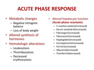 ACUTE PHASE RESPONSE
• Metabolic changes
– Negative nitrogene
balance
– Loss of body weight
• Altered synthesis of
hormones
• Hematologic alterations
– Leukocytosis
– Thrombocytosis
– Decreased
erythrocytosis
• Altered hepatocyte function
(Acute phase reactants)
– C reactive protein(increased)
– Serum amyloid A(increased)
– Fibrinogen(increased)
– Fibronectin(increased)
– Haptoglobin(increased)
– Ceruloplasmin(increased)
– Ferritin(increased)
– Albumin(decreased)
– Transferrin(decreased)
 