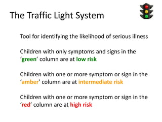 The Traffic Light System
Tool for identifying the likelihood of serious illness
Children with only symptoms and signs in the
‘green’ column are at low risk
Children with one or more symptom or sign in the
‘amber’ column are at intermediate risk
Children with one or more symptom or sign in the
‘red’ column are at high risk
 