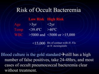 40
Risk of Occult Bacteremia
Blood culture is the gold standardstill has a high
number of false positives, take 24-48hrs, and most
cases of occult pneumococcal bacteremia clear
without treatment.
Low Risk
Age >3yr
Temp <39.4ºC
WBC >5000 and
<15,000
High Risk
<2yr
>40ºC
<5000 or >15,000
Hx of contact with H. Flu
or N. meningitidis
 