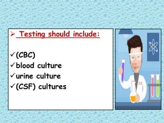  Testing should include:
(CBC)
blood culture
urine culture
(CSF) cultures
 