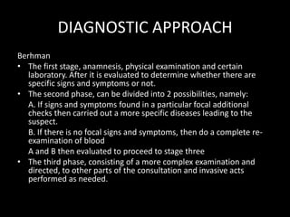 DIAGNOSTIC APPROACHBerhmanThe first stage, anamnesis, physical examination and certain laboratory. After it is evaluated to determine whether there are specific signs and symptoms or not.The second phase, can be divided into 2 possibilities, namely:	A. If signs and symptoms found in a particular focal additional checks then carried out a more specific diseases leading to the suspect.	B. If there is no focal signs and symptoms, then do a complete re-examination of blood	A and B then evaluated to proceed to stage threeThe third phase, consisting of a more complex examination and directed, to other parts of the consultation and invasive acts performed as needed.