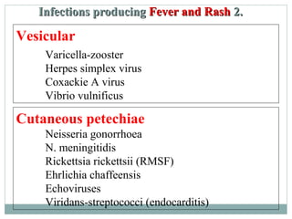 Vesicular
Varicella-zooster
Herpes simplex virus
Coxackie A virus
Vibrio vulnificus
Cutaneous petechiae
Neisseria gonorrhoea
N. meningitidis
Rickettsia rickettsii (RMSF)
Ehrlichia chaffeensis
Echoviruses
Viridans-streptococci (endocarditis)
Infections producingInfections producing Fever and RFever and Raashsh 2.2.
 