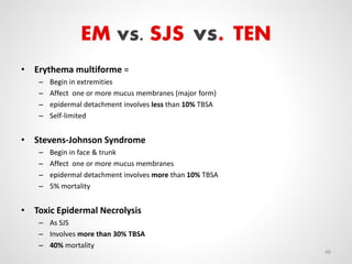 EM vs. SJS vs. TEN
• Erythema multiforme =
– Begin in extremities
– Affect one or more mucus membranes (major form)
– epidermal detachment involves less than 10% TBSA
– Self-limited
• Stevens-Johnson Syndrome
– Begin in face & trunk
– Affect one or more mucus membranes
– epidermal detachment involves more than 10% TBSA
– 5% mortality
• Toxic Epidermal Necrolysis
– As SJS
– Involves more than 30% TBSA
– 40% mortality
46
 