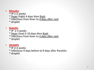 • Measles
* IP 1-2 weeks
* Fever (high) 4 days then Rash
* Infectious from fever to 4 days after rash
* droplet
• Rubella
* IP 2-3 weeks
* Fever (low) 5-10 days then Rash
* Infectious from fever to 4 days after rash
* droplet
• MUMPS
* IP 2-3 weeks
* Infectious 9 days before to 9 days after Parotitis
* droplet
50
 