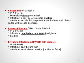 • Chicken Pox (or varicella)
* IP 2-3 weeks
* Fever (low/absent) with Rash
* Infectious 2 days before rash till crusting
* droplet or vesicle discharge contact or indirect with objects
soiled with vesicle discharge
• Roseola Infantum / Sixth diseas / HHV 6
* IP 1-2 weeks
* Infectious only before symptoms (rash/fever)
* droplet
• Erythema Infectiosum HPV B19 (5th disease)
* IP 1-3 weeks
* Infectious only before rash !
* droplet or vertical transmission (mother to fetus)
51
 
